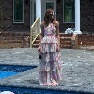 Olivaceous Pastel Floral Tiered Maxi Dress